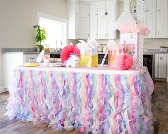 Rainbow Tulle Tutu Table Skirt Double Layer Satin Willows with Glossy Organza,Birthday Party Decorations for Unicorn and Mermaid Parties