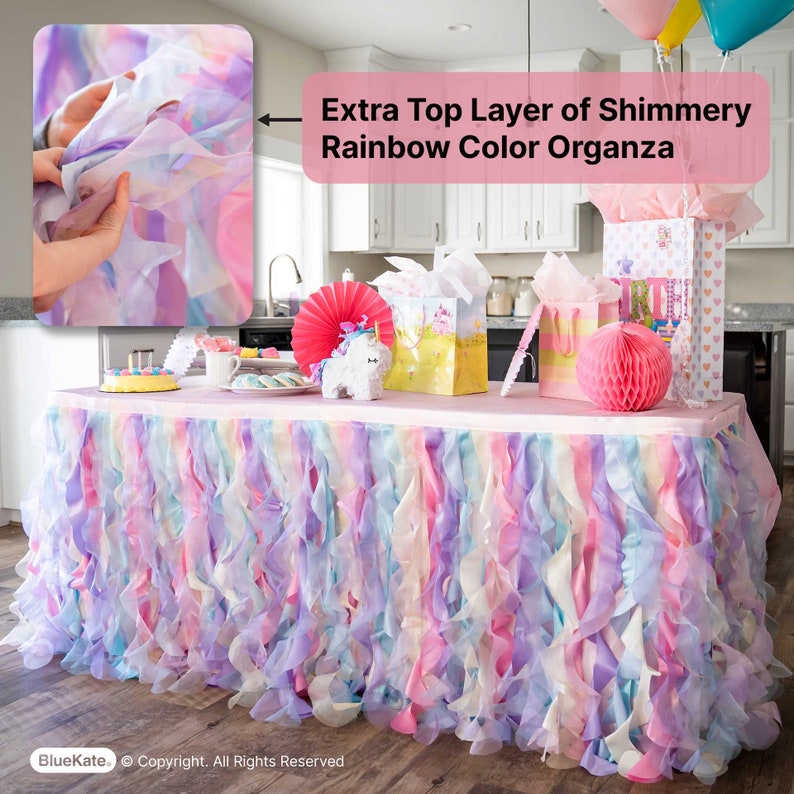 Rainbow Tulle Tutu Table Skirt Double Layer Satin Willows with Glossy Organza,Birthday Party Decorations for Unicorn and Mermaid Parties image 2