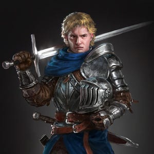 May include: A digital painting of a person in medieval armor, holding a silver sword over their shoulder. The armor is detailed with metallic silver and brown leather accents, and a blue cape. The person has blonde hair and a serious expression.