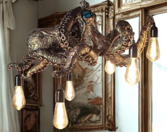 Handcrafted Octopus Chandelier, Statement Kraken Light, Suspended Tentacle Lamps, Maritime Collector's Home Accent Gift. #01