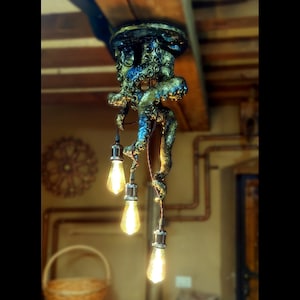 Intertwined tentacle chandelier, steampunk ceiling lamp, nautical lighting, captain's cabin. Steampunk decor.