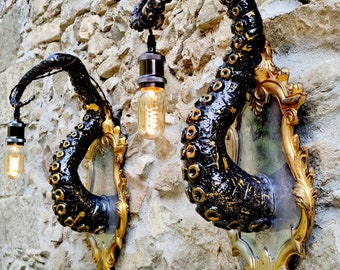 Pair of TENTACLE wall lamps WITH FRAME, Victorian steampunk style,