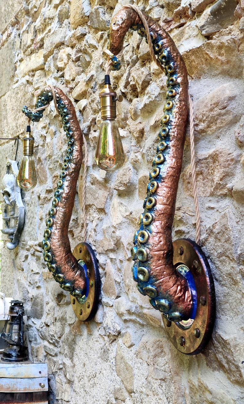 Whimsical Tentacle Lamps in Copper Green Set of Two, Captivating Accent Lights, Unusual Gift for Art Enthusiasts image 6