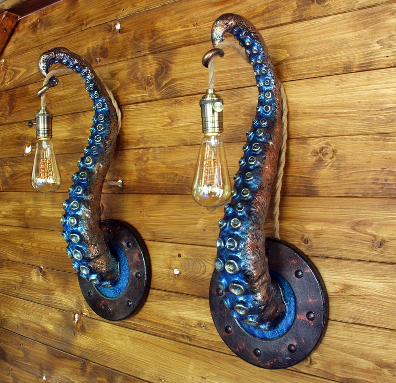 Whimsical Tentacle Lamps in Copper Green Set of Two, Captivating Accent Lights, Unusual Gift for Art Enthusiasts image 2