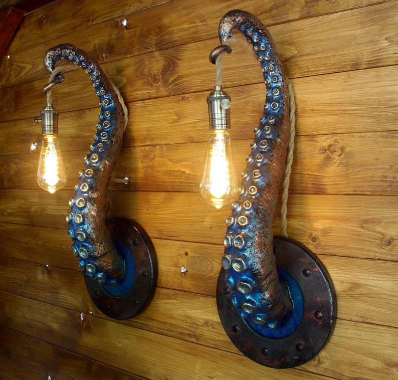 Whimsical Tentacle Lamps in Copper Green Set of Two, Captivating Accent Lights, Unusual Gift for Art Enthusiasts image 1