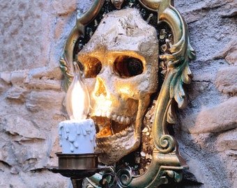 Baroque Skull Lamp, Wall Decor with Lamp, Dark Victorian Style, Halloween.