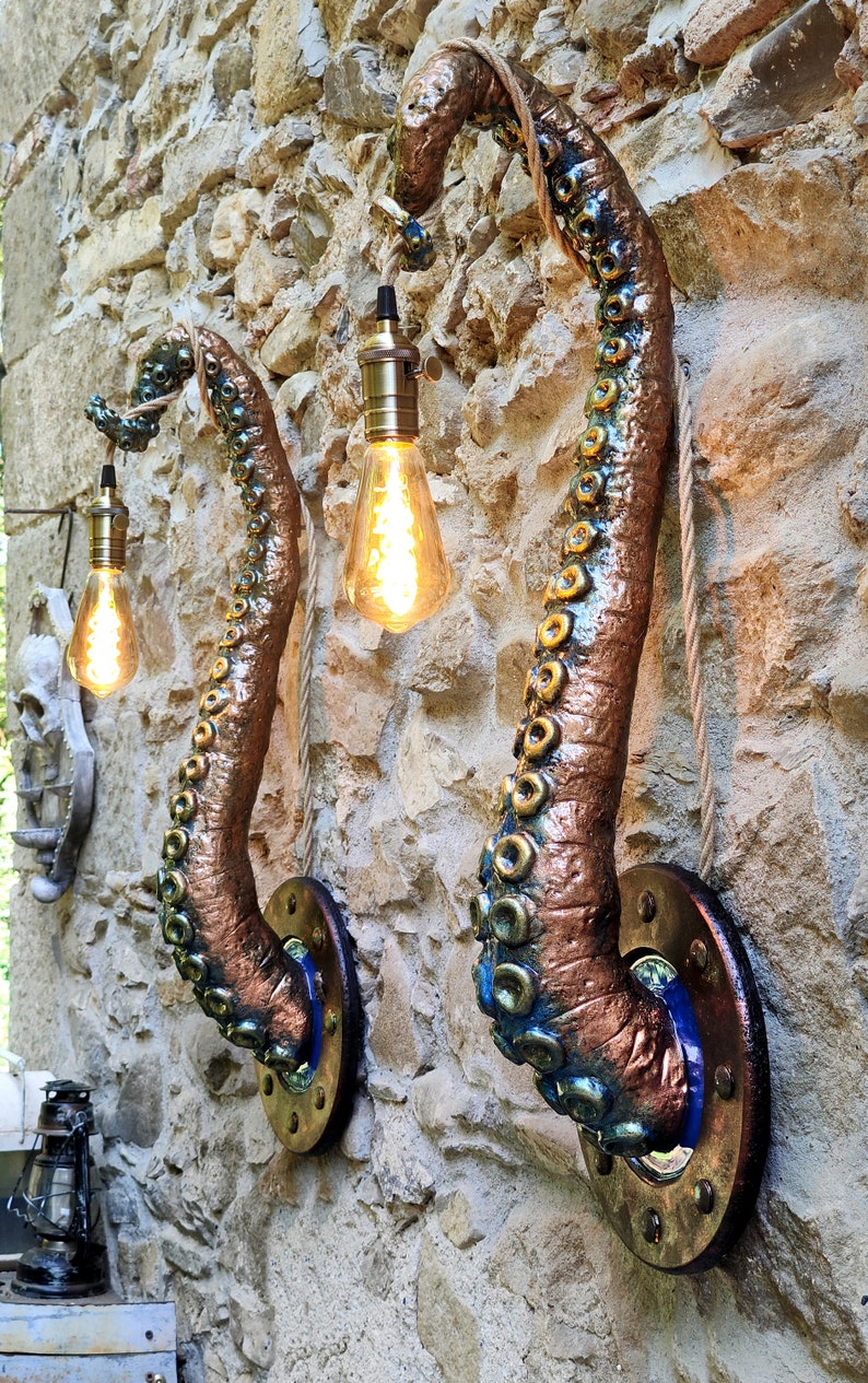 Whimsical Tentacle Lamps in Copper Green Set of Two, Captivating Accent Lights, Unusual Gift for Art Enthusiasts image 5