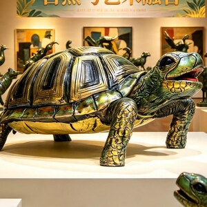 May include: A large, central bronze-toned turtle sculpture with a polished gold-colored shell and textured skin, surrounded by various smaller bronze animal figurines displayed on white pedestals in a gallery setting with framed artwork.