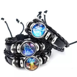 Verstelbare lederen Zodiac-armband, echt handgemaakt, rustiek, voor hem/haar. Leuk als kerstcadeau of verjaardagscadeau. Gloeit in het donker.