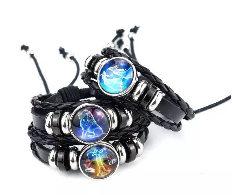 12 Zodiac Sign Neon Charm Bracelet - Glow in The Dark Leather Bracelet Taurus