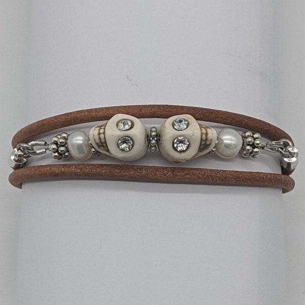 Leather Wrap Bracelet White Skull and Fresh Water Pearl Swarovski Crystal Eyes magnetic clasp