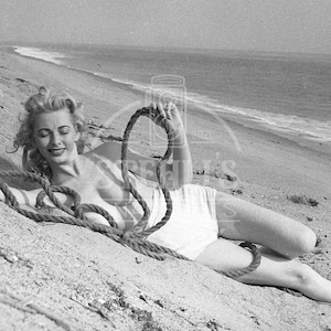 Janyce Converse Topless in Vintage Bikini on the Beach with Rope - Reprint from Original Negative