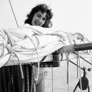 Gia Rossi behind the Sails on Sailboat in the Ocean Vintage Bikini Photo - Reprint from Original Negative