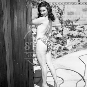 Nancy Lewis Topless in Vintage Bikini by Fence - Reprint from Original Negative
