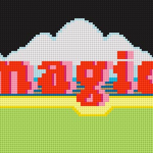 May include: Pixelated graphic with the word "MAGIC" in red and pink, set against a backdrop of a black sky, white mountain, and a green and yellow landscape. The design has a retro video game aesthetic.