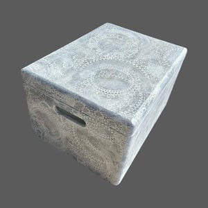 Puede incluir: Una caja de almacenamiento rectangular con un patrón floral gris y blanco. La caja tiene un asa en la parte delantera y una parte superior ligeramente redondeada. El diseño floral es intrincado y cubre toda la superficie de la caja.