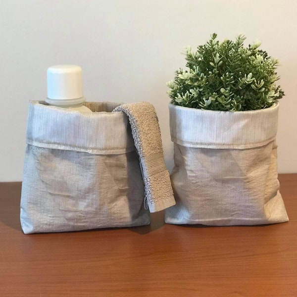 Set of 2 round fabric soft storage baskets, handmade bucket bags, fabric plant pot holder, storage pockets for organising, material pockets