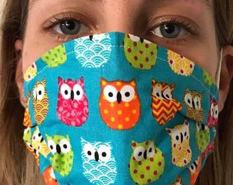 Owl print face covering with carbon filter pocket and filter refills available, cotton face mask with carbon filter, fabric face covering