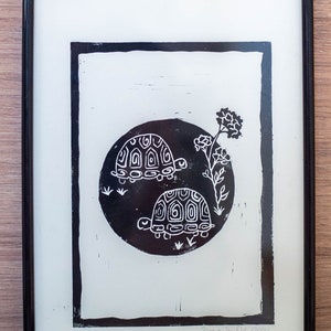 Two Tortoises original hand painted black ink Lino cut artwork unframed, block print artwork, two lucky tortoises Lino cut, Lino print art