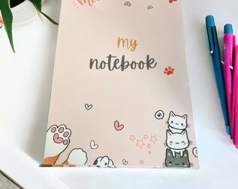 Katzenliebhaber liniertes Notizbuch, Kawaii Kitty Design, Schreibjournal 21 x 14 cm