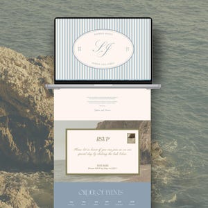 May include: A laptop displaying a wedding invitation design. The top screen shows a blue and white striped background with an oval emblem featuring the initials "SJ" and the names "Sophia and James." The lower screen shows an RSVP section with a beach photo.