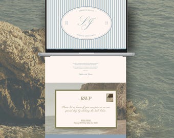Blue Crest Wedding Website Template, Canva Editable Wedding Website, Aesthetic Modern Wedding Template