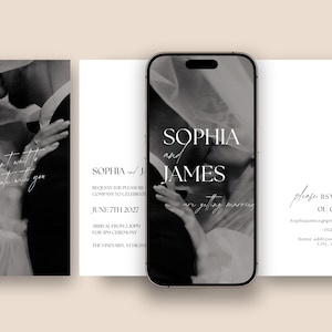 May include: Black and white wedding invitation suite. The invitation includes a photo of a couple, the names "Sophia and James", and the wedding date, June 7th, 2027. The suite also includes RSVP information.