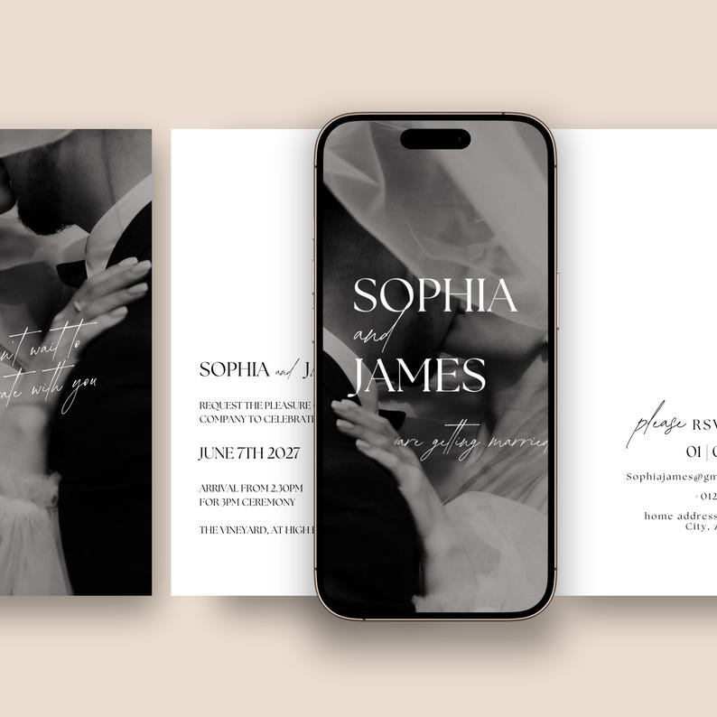 May include: Black and white wedding invitation suite. The invitation includes a photo of a couple, the names "Sophia and James", and the wedding date, June 7th, 2027. The suite also includes RSVP information.