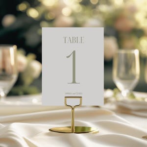 May include: A table number card with the word "TABLE" and the number "1" printed in a soft green color. The card is held by a gold-colored metal stand. The names "Sophia and James" are printed at the bottom of the card.