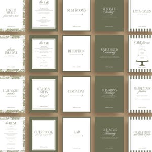 May include: A collection of wedding signage with white text on a dark olive green background. The signs include phrases like "Love is Sweet," "Rest Rooms," "Reception," and "Cake Flavors." Some signs have decorative borders.