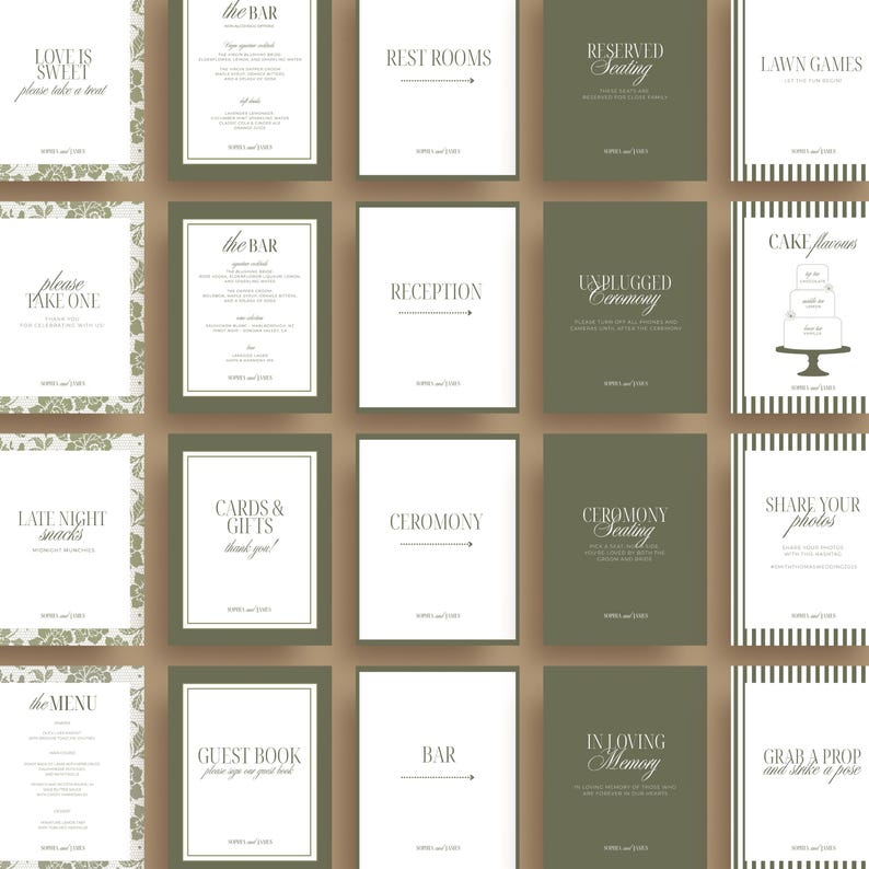 May include: A collection of wedding signage with white text on a dark olive green background. The signs include phrases like "Love is Sweet," "Rest Rooms," "Reception," and "Cake Flavors." Some signs have decorative borders.