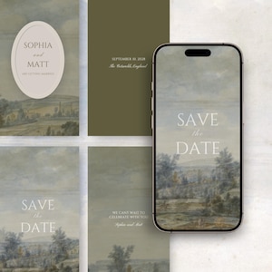 May include: A wedding invitation suite with a landscape painting design in muted colours. The suite includes a phone mockup displaying "SAVE the DATE", and cards with text: "SOPHIA and MATT ARE GETTING MARRIED" and "SEPTEMBER 10, 2028 The Cotswolds, England".
