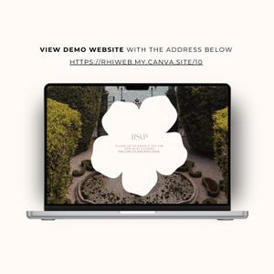 May include: A silver laptop displays a wedding RSVP design. The screen shows a floral graphic overlaying a garden scene. Text at the top reads "VIEW DEMO WEBSITE" with a URL. The RSVP text is centered with a call to action.