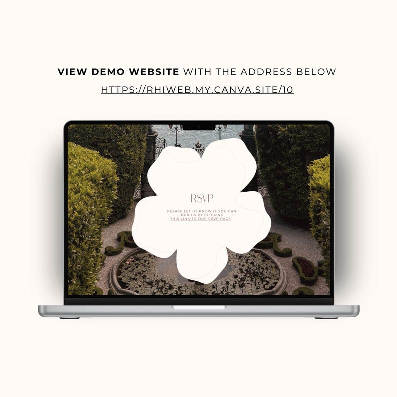 May include: A silver laptop displays a wedding RSVP design. The screen shows a floral graphic overlaying a garden scene. Text at the top reads "VIEW DEMO WEBSITE" with a URL. The RSVP text is centered with a call to action.