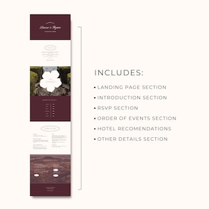 May include: A digital wedding invitation design with a burgundy and white color scheme. The design includes sections for the landing page, introduction, RSVP, order of events, hotel recommendations, and other details.