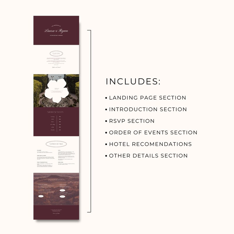 May include: A digital wedding invitation design with a burgundy and white color scheme. The design includes sections for the landing page, introduction, RSVP, order of events, hotel recommendations, and other details.