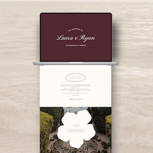 May include: A laptop displays a wedding website. The top screen shows "The Wedding of Laura & Ryan" in white script on a burgundy background. The lower screen features text and a floral RSVP graphic.