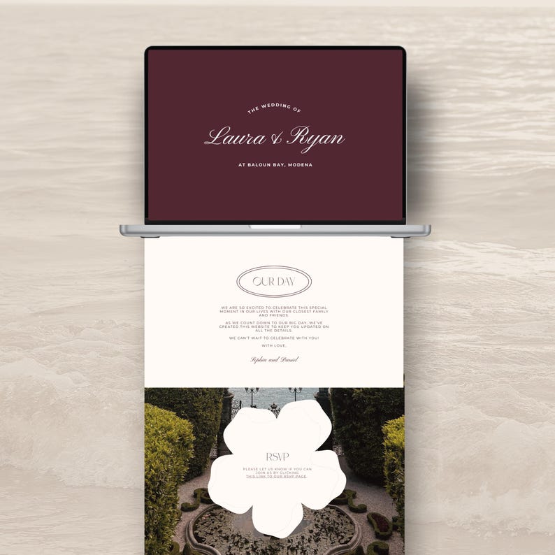 May include: A laptop displays a wedding website. The top screen shows "The Wedding of Laura & Ryan" in white script on a burgundy background. The lower screen features text and a floral RSVP graphic.