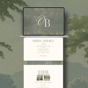 May include: A laptop displays a wedding invitation design with the names "Olivia and Ben" in elegant typography. The screen shows a landscape image with the initials "OB". Below, the invitation details are printed on cream-colored paper, with a section titled "Where to Stay".