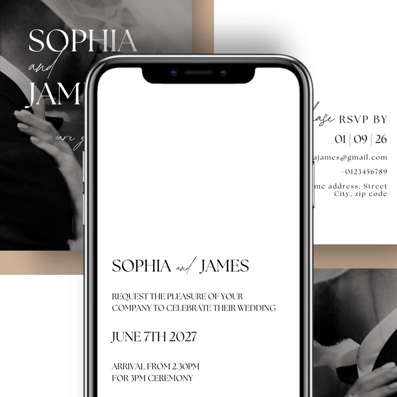 May include: A smartphone displays a wedding invitation with the names "Sophia and James" in elegant script. The invitation includes details like the wedding date, time, and RSVP information. The design is minimalist with a neutral color palette.