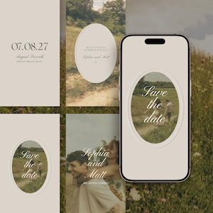 Könnte beinhalten: Eine Sammlung von Hochzeitspapeterie und ein Smartphone-Mockup. Die Designs zeigen eine neutrale Farbpalette mit Texten wie "07.08.27", "August Seventh", "Save the date" und Namen. Die Bilder zeigen ein Paar auf einem Feld.