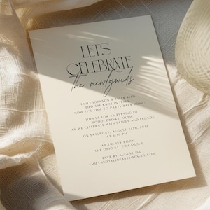 Sjabloon Just Married-feestuitnodiging, bewerkbare uitnodiging voor pasgetrouwd feest, huwelijksfeest uitnodigen, uitnodiging bruiloft feest na bestemming