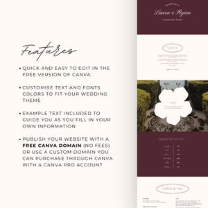 May include: A wedding website template with a burgundy and cream color scheme. The design includes the names "Laura & Ryan", a section for "Our Day", an RSVP section, and an order of events. The template highlights features like easy editing in Canva.