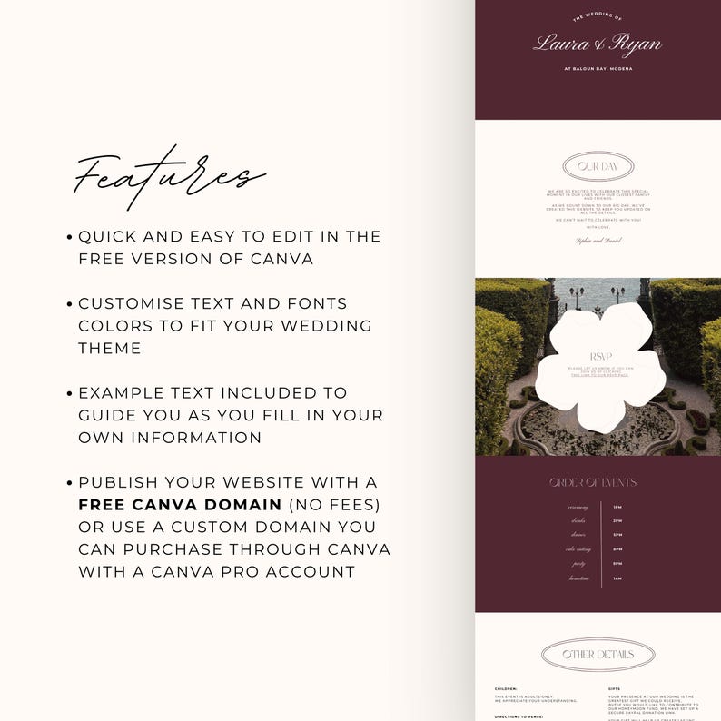 May include: A wedding website template with a burgundy and cream color scheme. The design includes the names "Laura & Ryan", a section for "Our Day", an RSVP section, and an order of events. The template highlights features like easy editing in Canva.