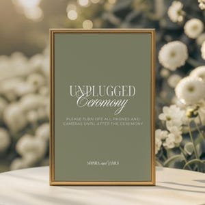 May include: A framed sign with the words "UNPLUGGED Ceremony" in elegant white script. The sign also includes the text "PLEASE TURN OFF ALL PHONES AND CAMERAS UNTIL AFTER THE CEREMONY" and the names "SOPHIA and JAMES". The frame is gold.