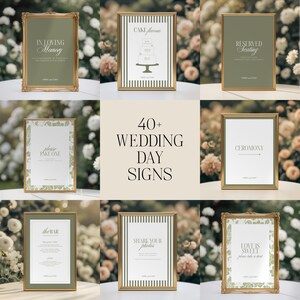 May include: A collection of wedding day signs with gold frames. The signs feature text such as "In Loving Memory," "Cake Favors," and "Share Your Photos." The image also includes the text "40+ Wedding Day Signs."