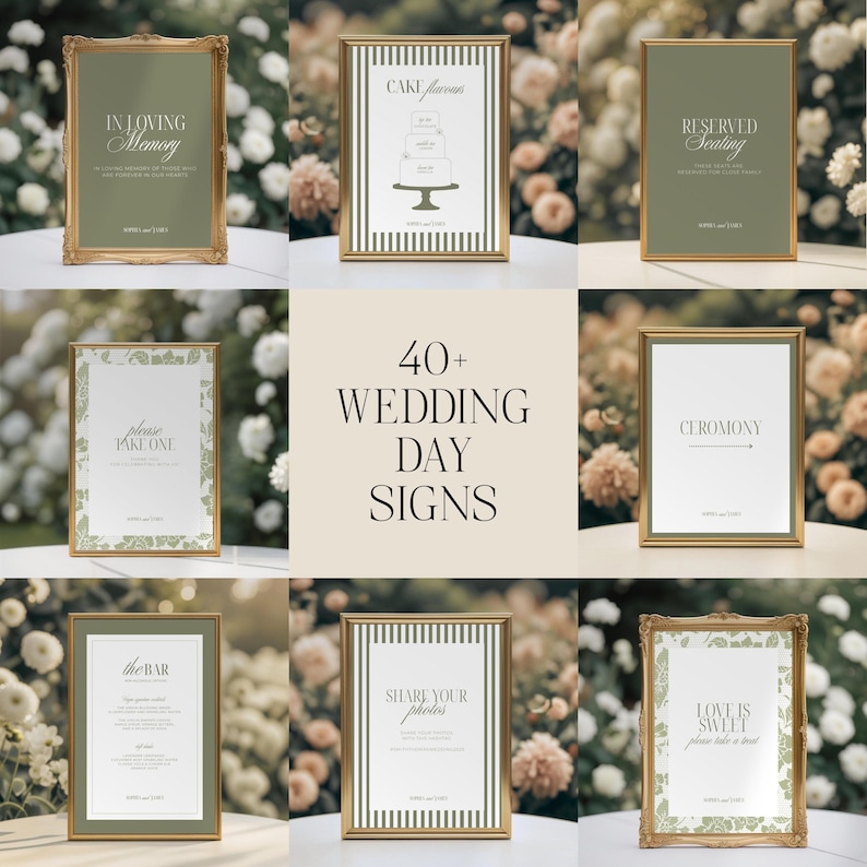 May include: A collection of wedding day signs with gold frames. The signs feature text such as "In Loving Memory," "Cake Favors," and "Share Your Photos." The image also includes the text "40+ Wedding Day Signs."
