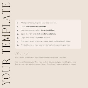 May include: A beige digital template with instructions for downloading files from Etsy. The text includes steps for accessing purchases, downloading files, and using a Canva account. The phrase "YOUR TEMPLATE" is vertically displayed on the left.