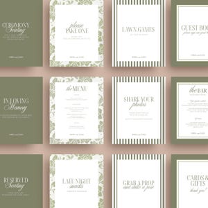 May include: A collection of wedding signage with various text, including "Ceremony Seating," "Please Take One," and "Lawn Games." The signs have a white background with decorative borders and text in elegant fonts, set against a green backdrop.