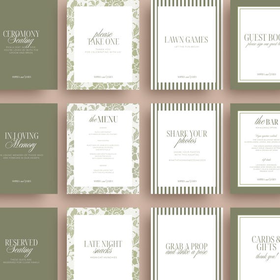 Sage Green Wedding Sign Bundle, Modern On The Day Wedding Sign Templates, Minimalist Wedding Signage